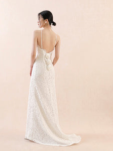 Drop Back Floral Lace Gown in White