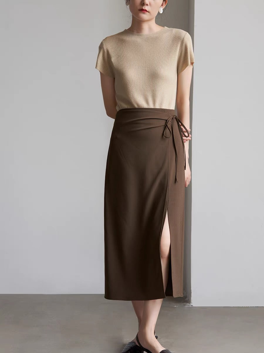 Midi Wrap Tie Slit Skirt in Brown