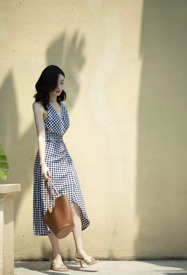 Checked Wrap Dress in Black/White