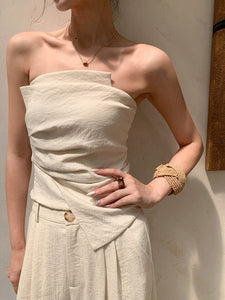 Textured Bustier Top + Pants Set in Beige