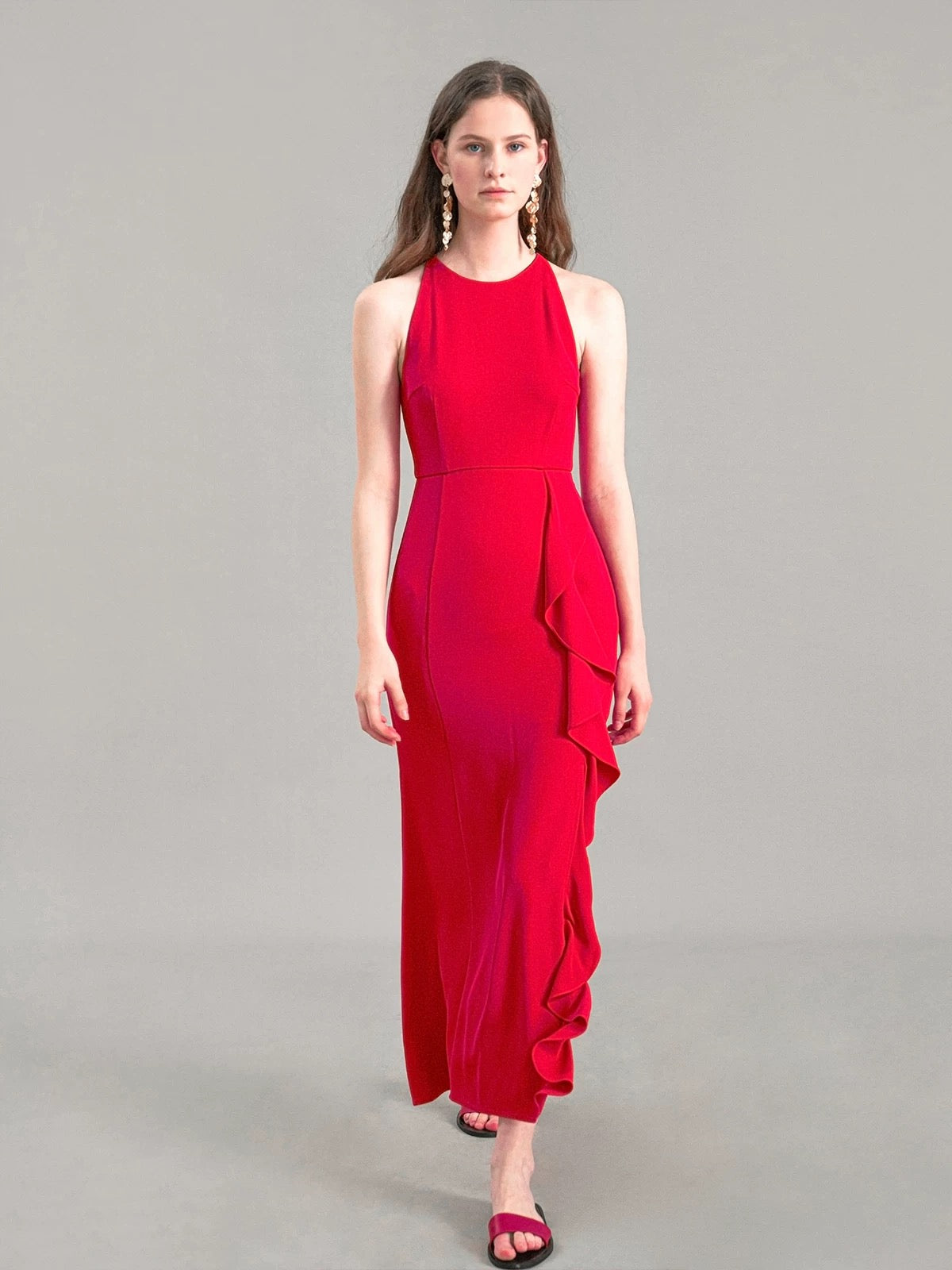 Ruffle Slit Maxi Dress in Red