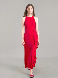 Ruffle Slit Maxi Dress in Red