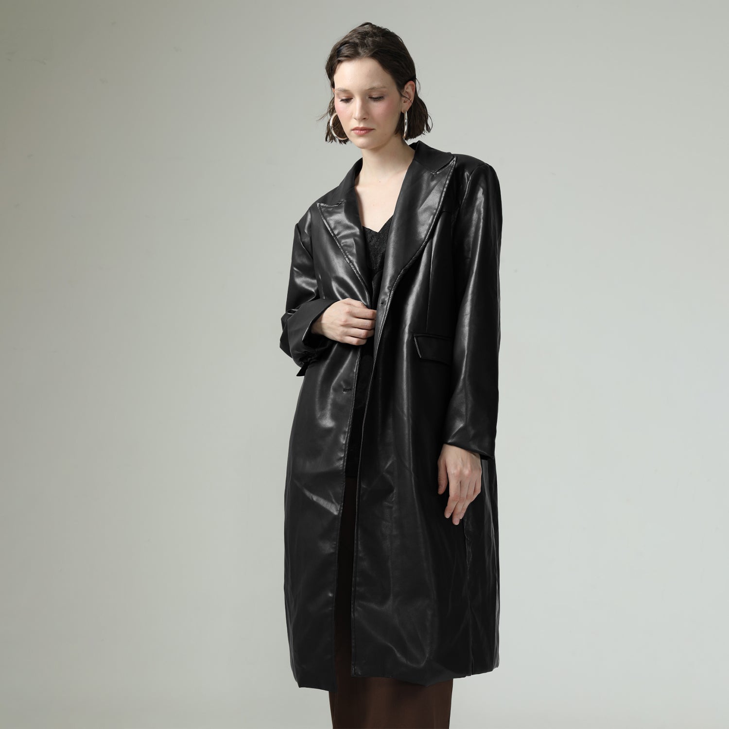 Classic Faux Leather Long Blazer in Black