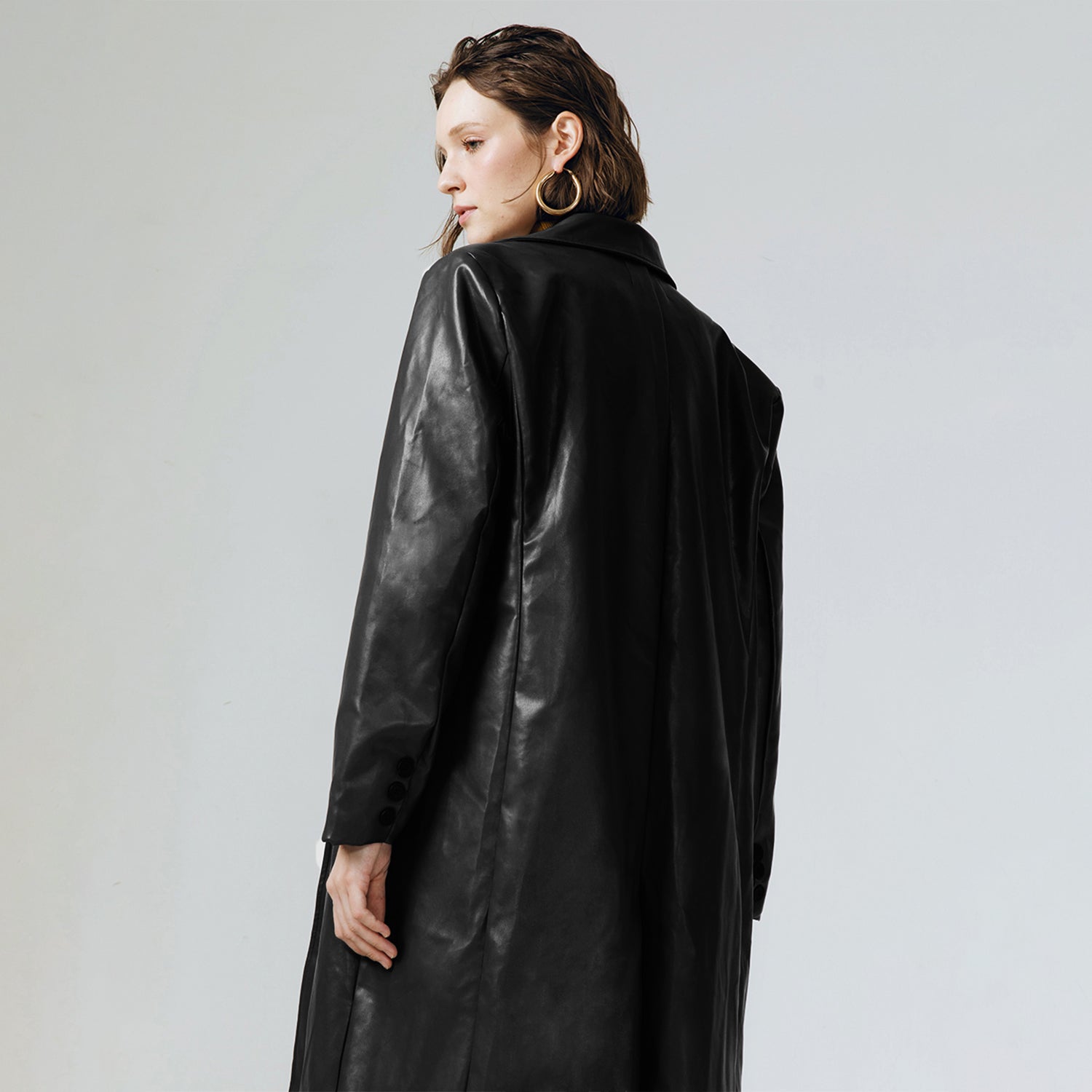 Classic Faux Leather Long Blazer in Black