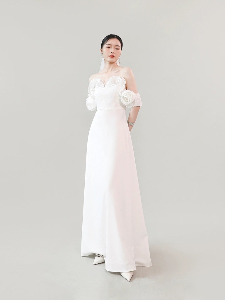 Curved Rose Off Shoulder Gown in White