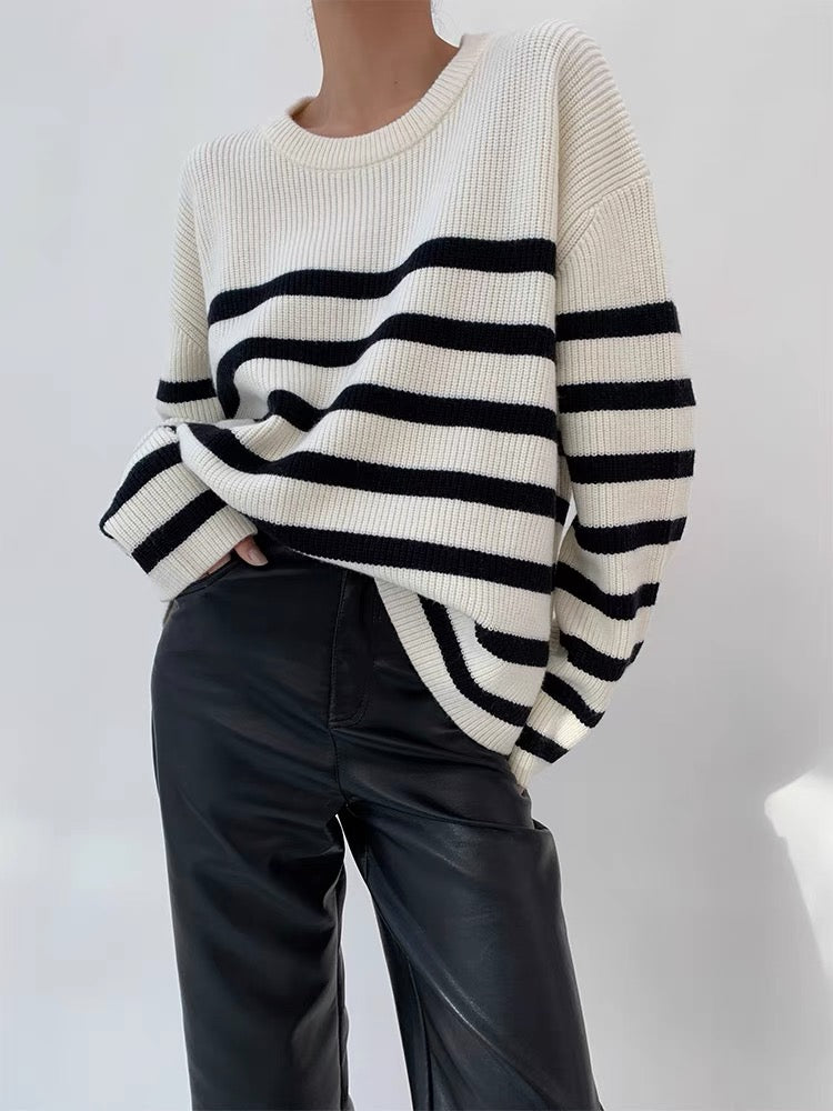 Oversized Ribbed Striped Sweater in White