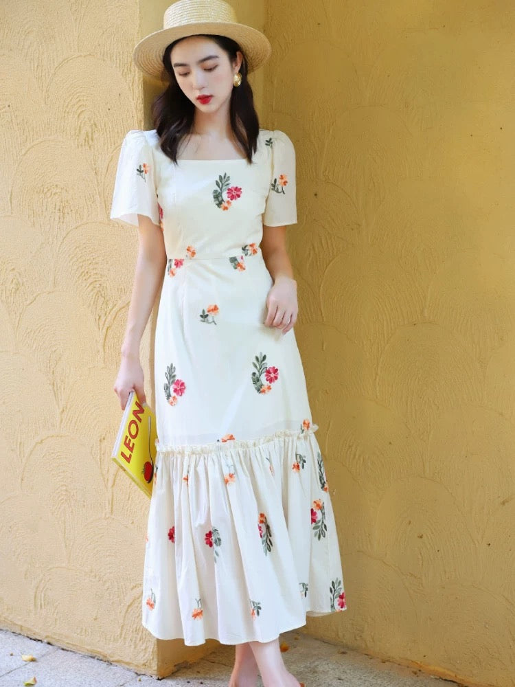 Floral Flute Hem Maxi Dress in Cream