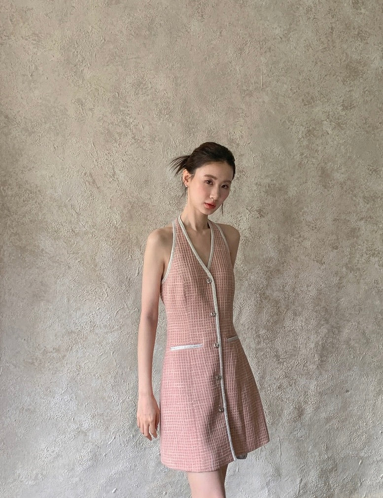 Tweed Halter Button Dress in Pink