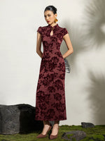 Load image into Gallery viewer, Floral Stretch Maxi Cheongsam in Red
