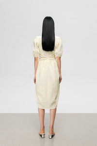 Blouson Bow Midi Dress in Cream