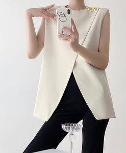 Tailored Foldover Button Long Top in Cream