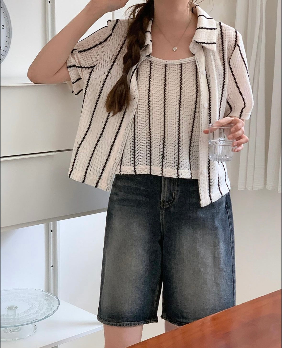 Korean Striped Cami + Shirt Set in Cream/Black