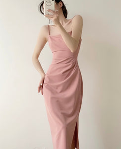 Gathered Cami Slit Dress in Pink