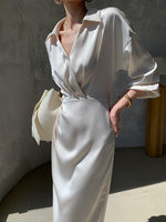 Load image into Gallery viewer, Satin Wrap Shirt Dress in Cream
