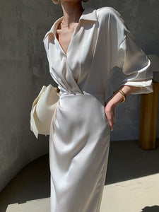 Satin Wrap Shirt Dress in Cream