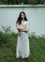 Load image into Gallery viewer, Satin Grecian Pocket Dress in Champagne
