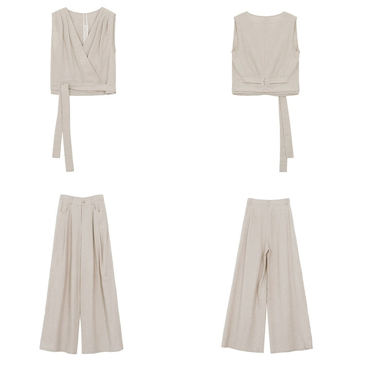 Linen Blend Tie Top + Trousers Set in Beige