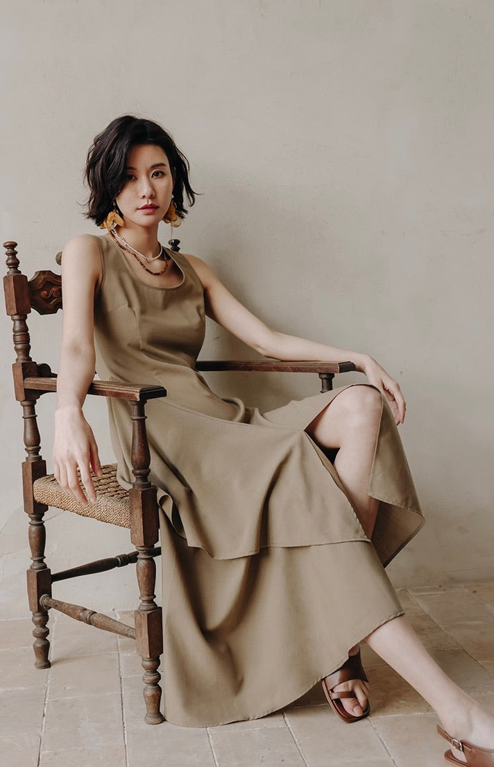 Asymmetric Layered Dress in Latte