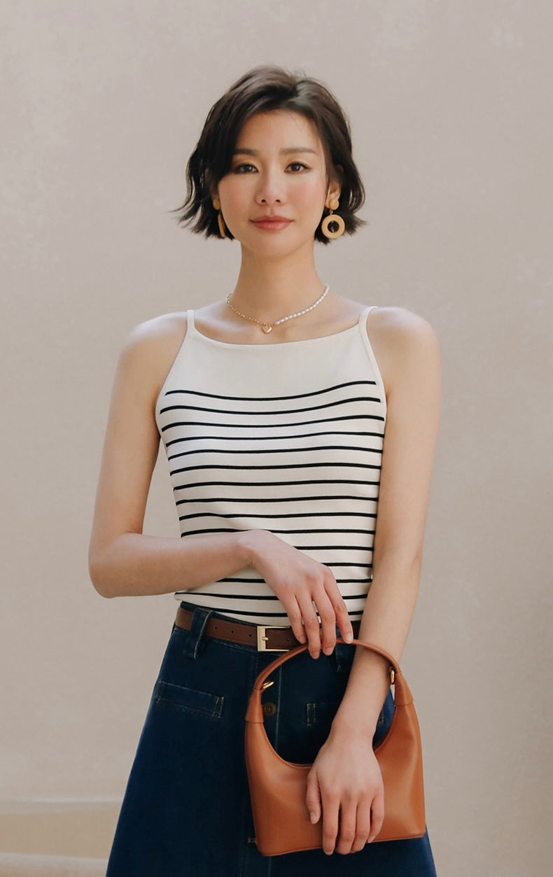 Knitted Striped Camisole Top in White