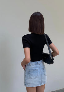 Tencel Blend Ribbed Cropped Tee in Black