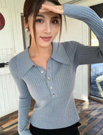 Load image into Gallery viewer, Buttoned Collar Ribbed Top in Grey
