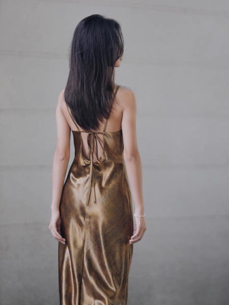 Metallic Tie Back Slip Dress in Gold