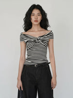 Load image into Gallery viewer, Tencel Striped Off Shoulder Twist Top in Black/White
