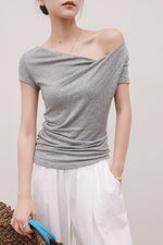 Load image into Gallery viewer, Tencel Blend Asymmetric Gathered Top in Grey
