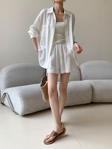 Cotton Linen Shirt + Shorts Set in White