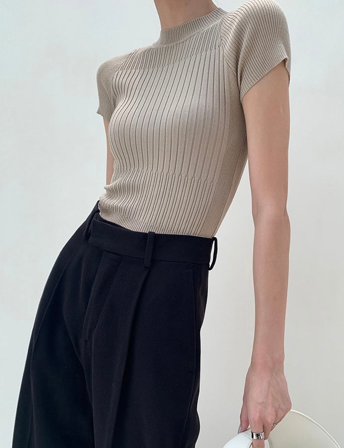 Light Knit High Neck Ribbed Top in Latte