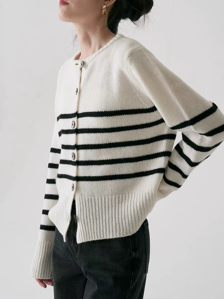 Mid Stripe Wool Cardigan in White