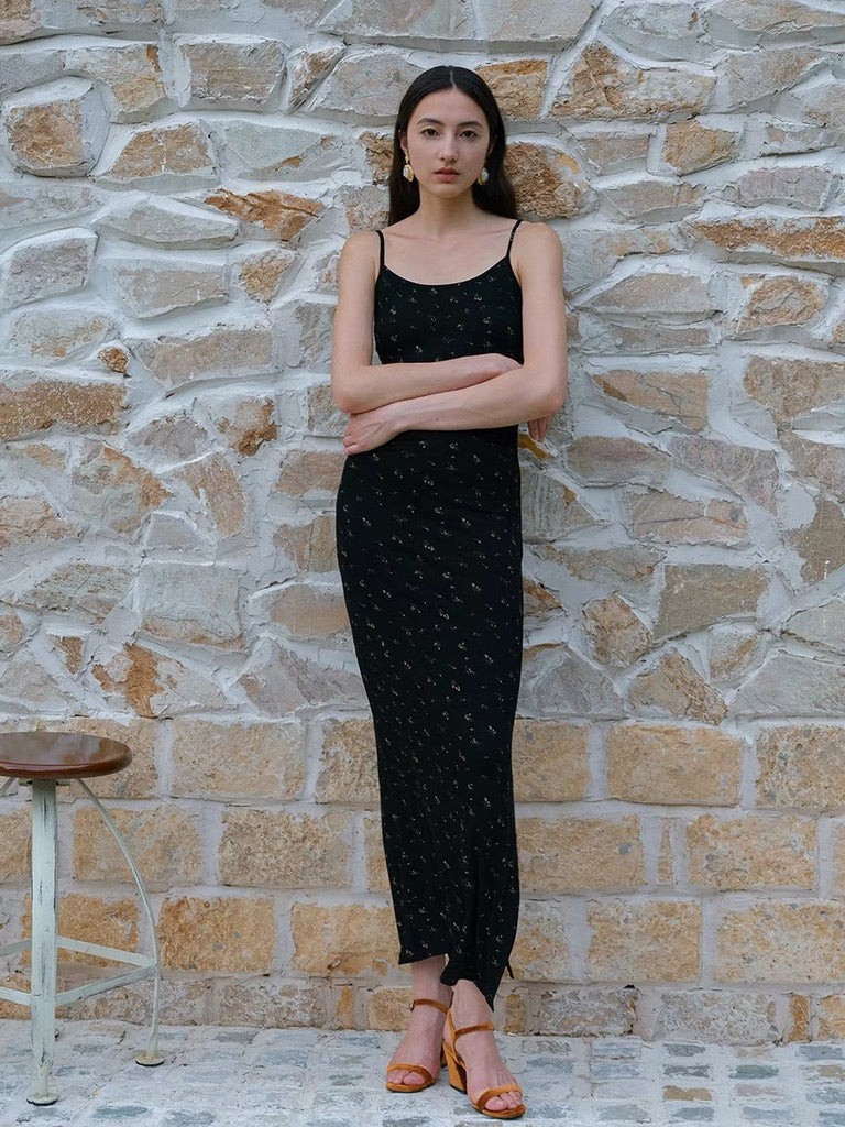 Floral Stretch Maxi Dress in Black