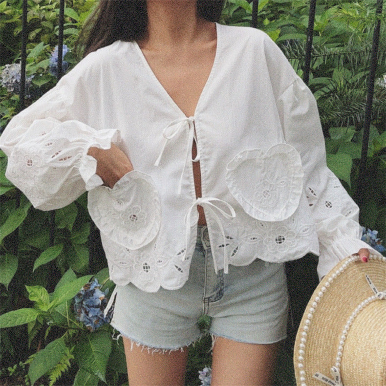 Laser Cut Ribbon Tie Blouse in White