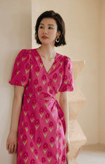 Load image into Gallery viewer, Tulip Puff Sleeve Wrap Dress in Pink
