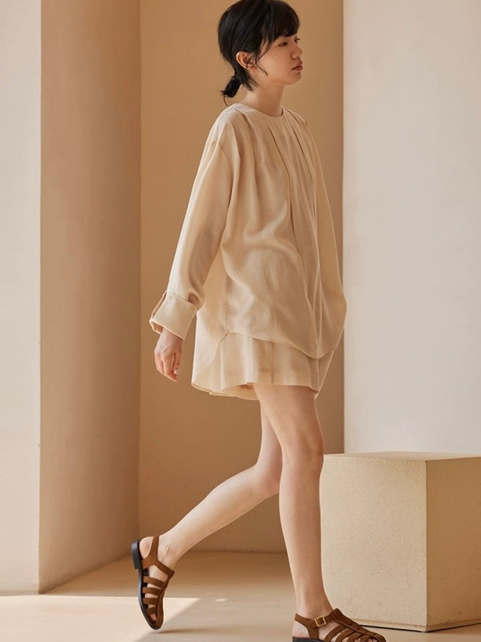 Tencel Blouse + Shorts Set in Beige