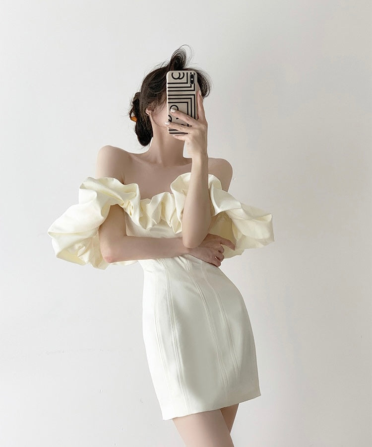 Off Shoulder Ruffle Bustier Mini Dress in Cream