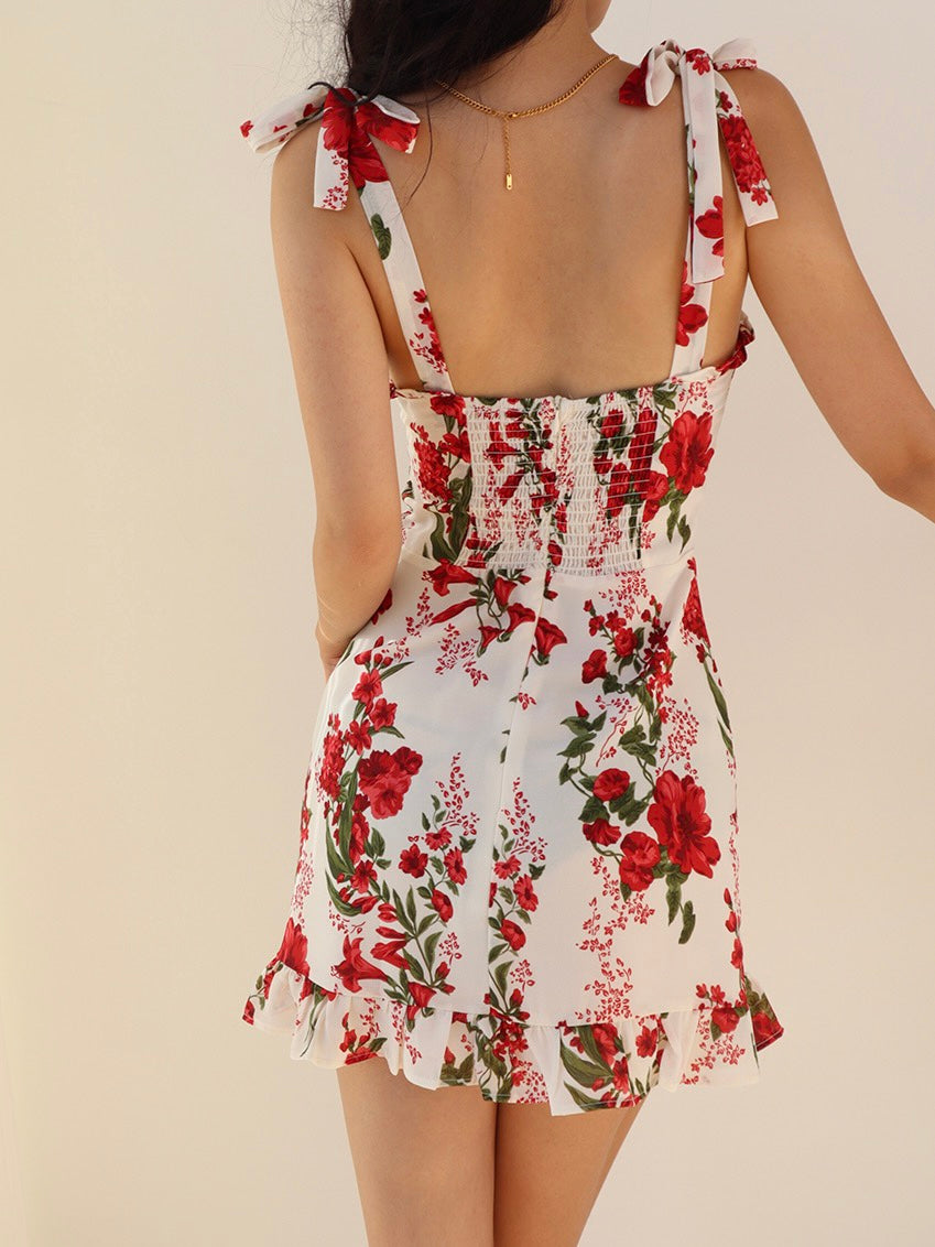 Chrysan Floral Tie Strap Mini Dress in White/Red