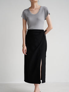 Midi Wrap Tie Slit Skirt in Black