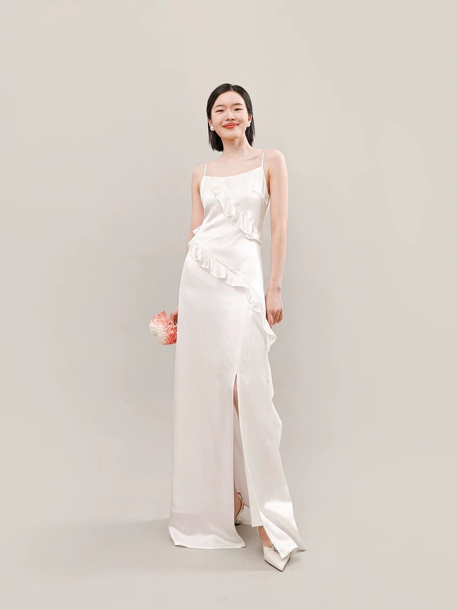 Satin Ruffle Slit Maxi Dress in White