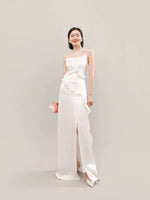 Load image into Gallery viewer, Satin Ruffle Slit Maxi Dress in White
