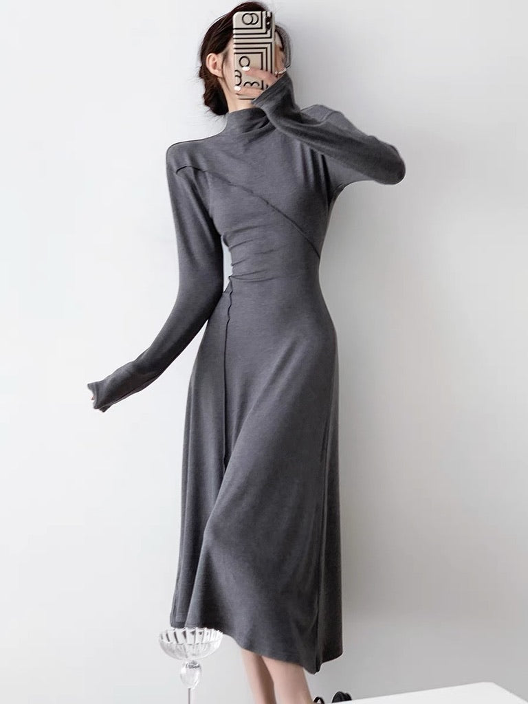 High Neck Line Midi Dress in Grey