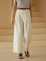 Load image into Gallery viewer, Tencel Blend Wide Leg Roll Cuff Trousers in Cream
