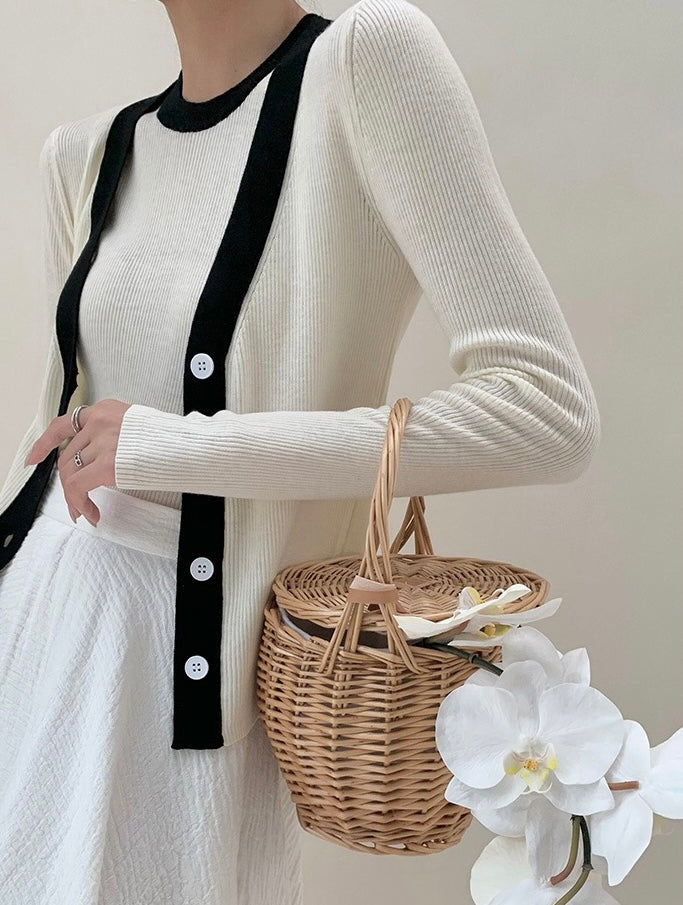 Contrast Edge Ribbed Cardigan in White