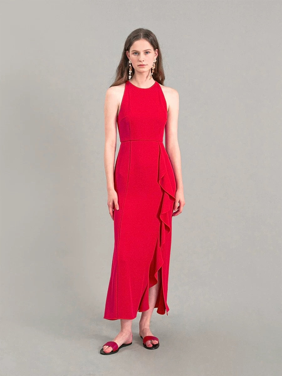 Ruffle Slit Maxi Dress in Red