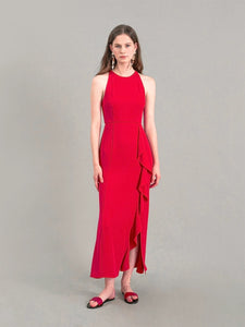 Ruffle Slit Maxi Dress in Red