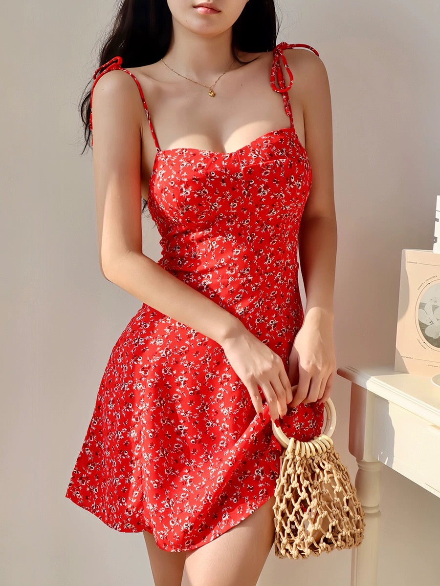 Carmine Tie Strap Mini Dress in Red