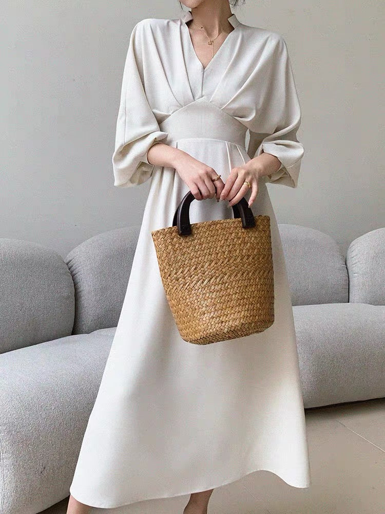 Empire Long Sleeve Midi Dress in Cream