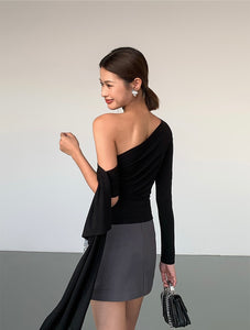 Asymmetric Toga Tie Top in Black