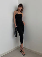 Load image into Gallery viewer, Drop Twist Back Bodycon Shoestring Dress in Black
