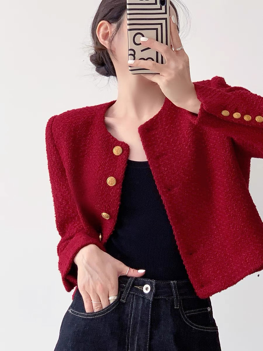 Contrast Button Tweed Jacket in Red